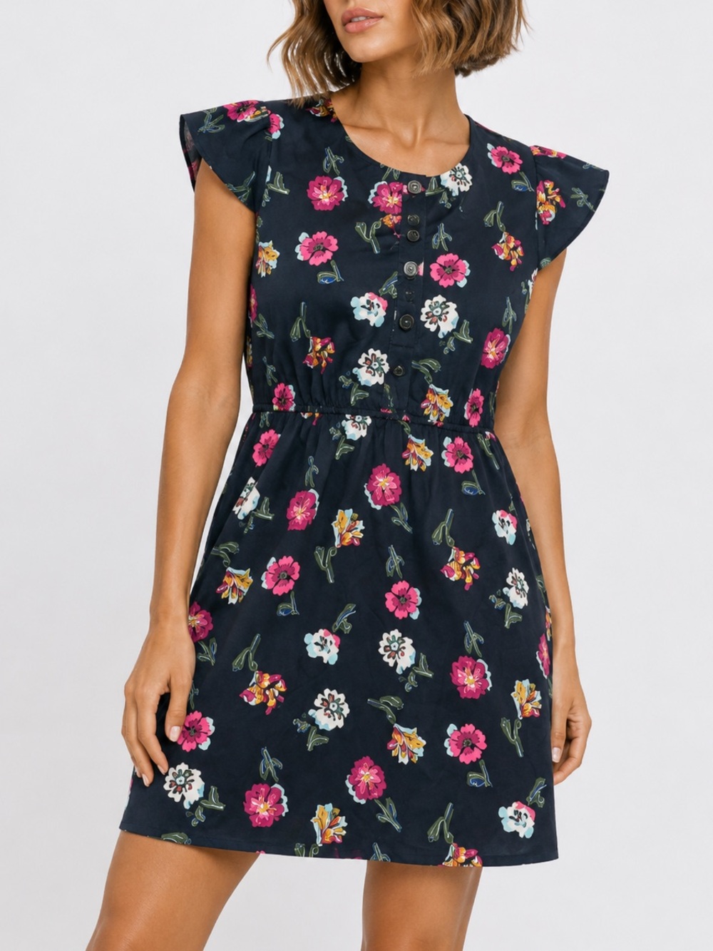 Tucker black Floral Mini Dress with Pink and White Blooms